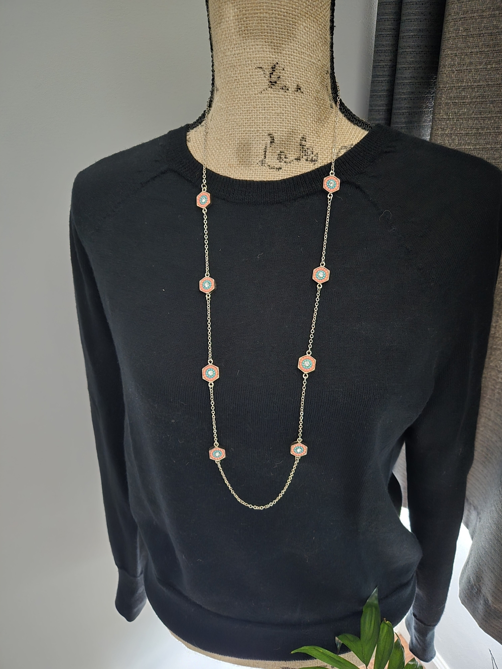 Long Gold Chain Necklace with Coral and Turquoise Accents